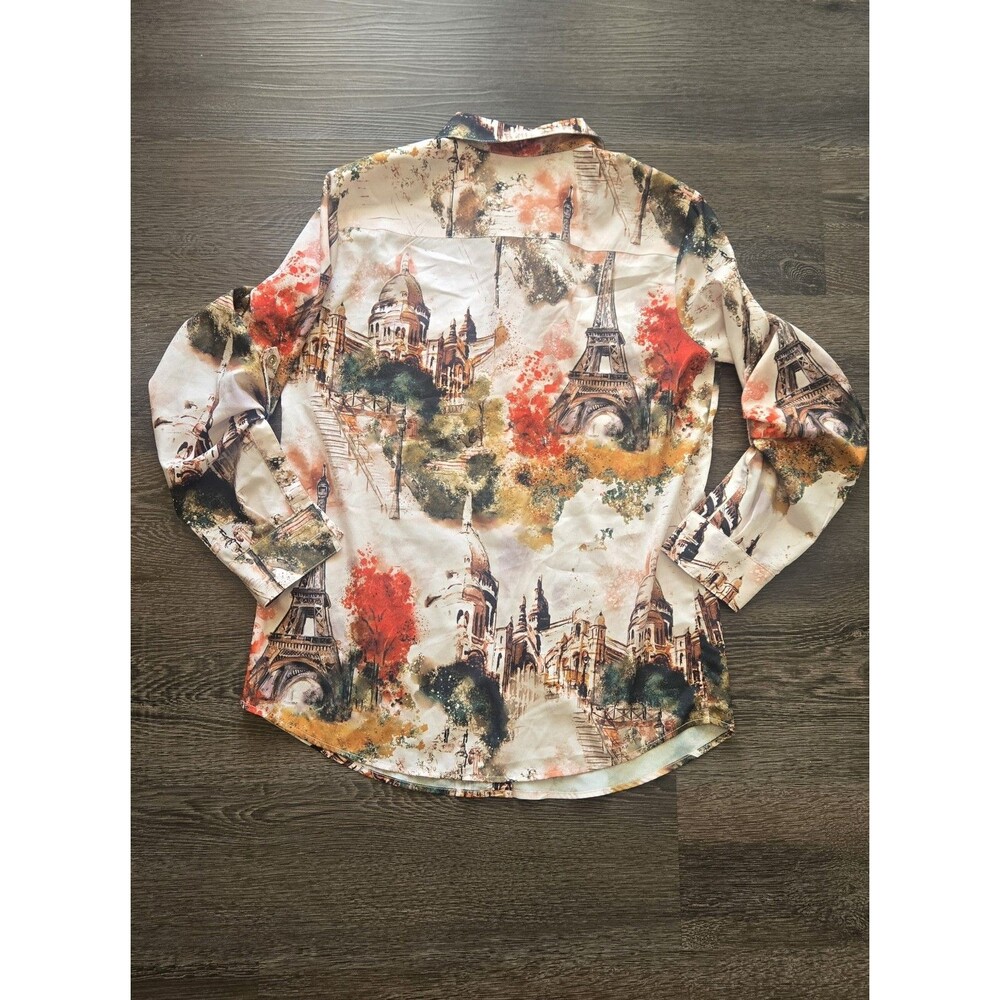 Karl Lagerfeld Paris Women's L Satin Polyester Button-Up Shirt Paris Graphic - Picture 3 of 8